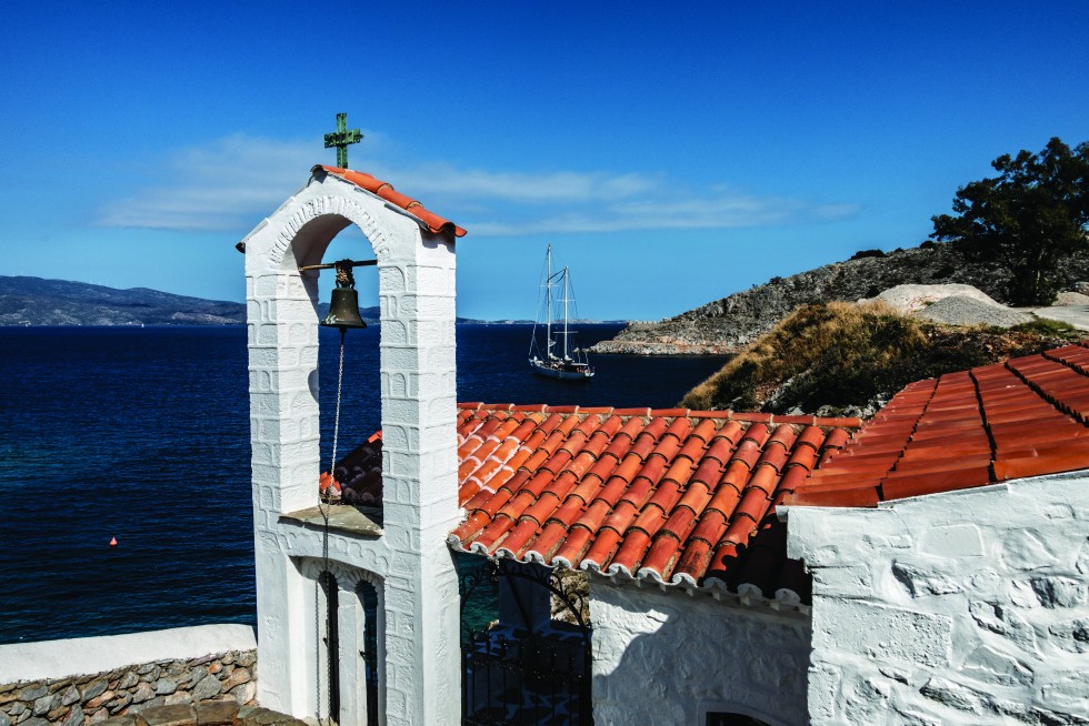 A church overlooking Mandraki Bay.