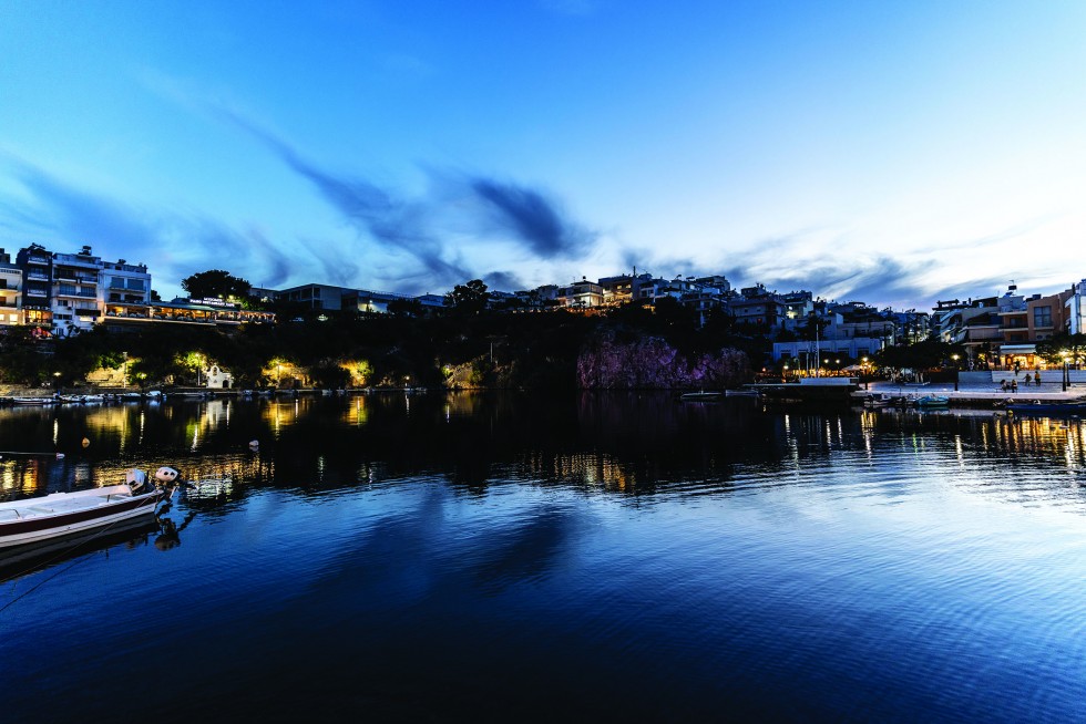 The nearby port town of Agios Nikolaos at dusk.