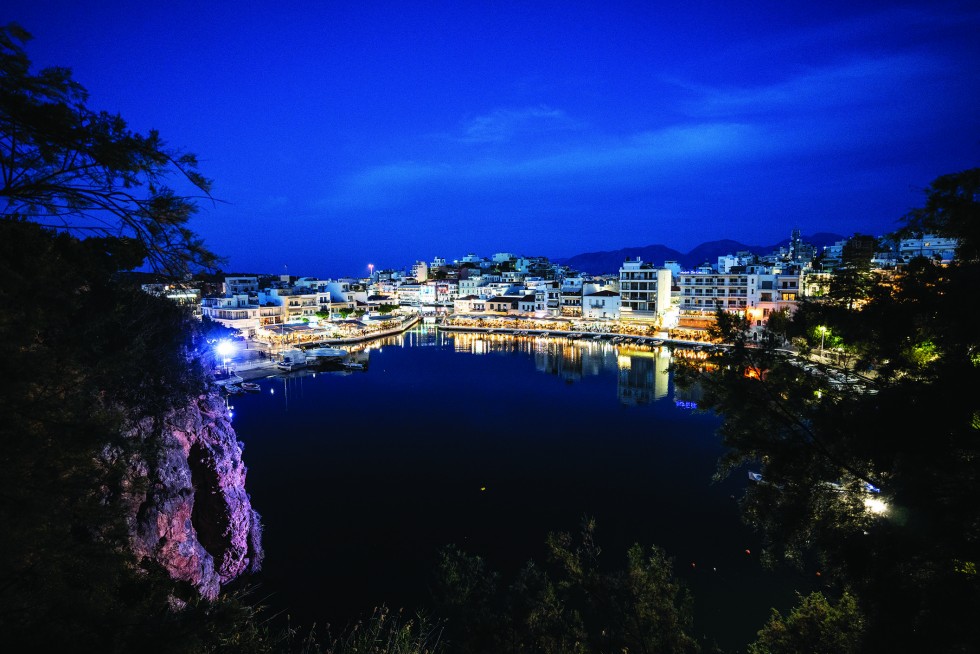 The nearby port town of Agios Nikolaos at dusk.