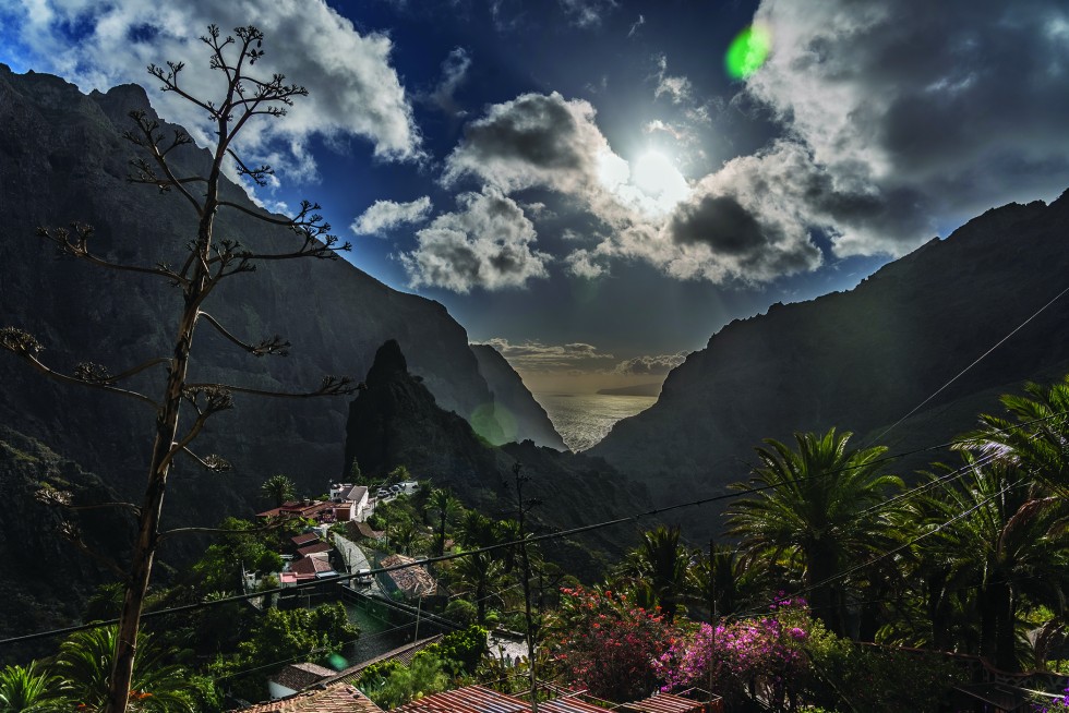 The hidden mountain village of Masca, and an aerial view with snow.